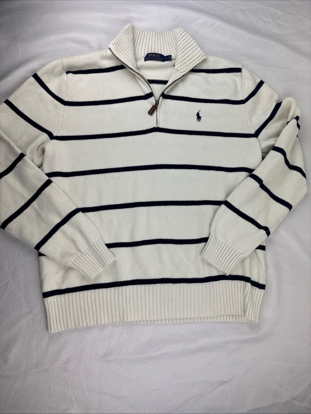 Y2K Polo Ralph Lauren 1/4 Zip Cream Knit Blue Stripe Sweater Men’s L Embroidered
